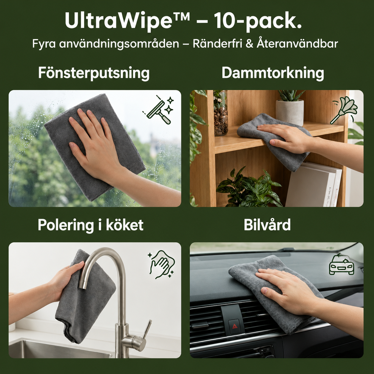 UltraWipe™ - Stribefri rengøring med genanvendelige mikrofiberklude!