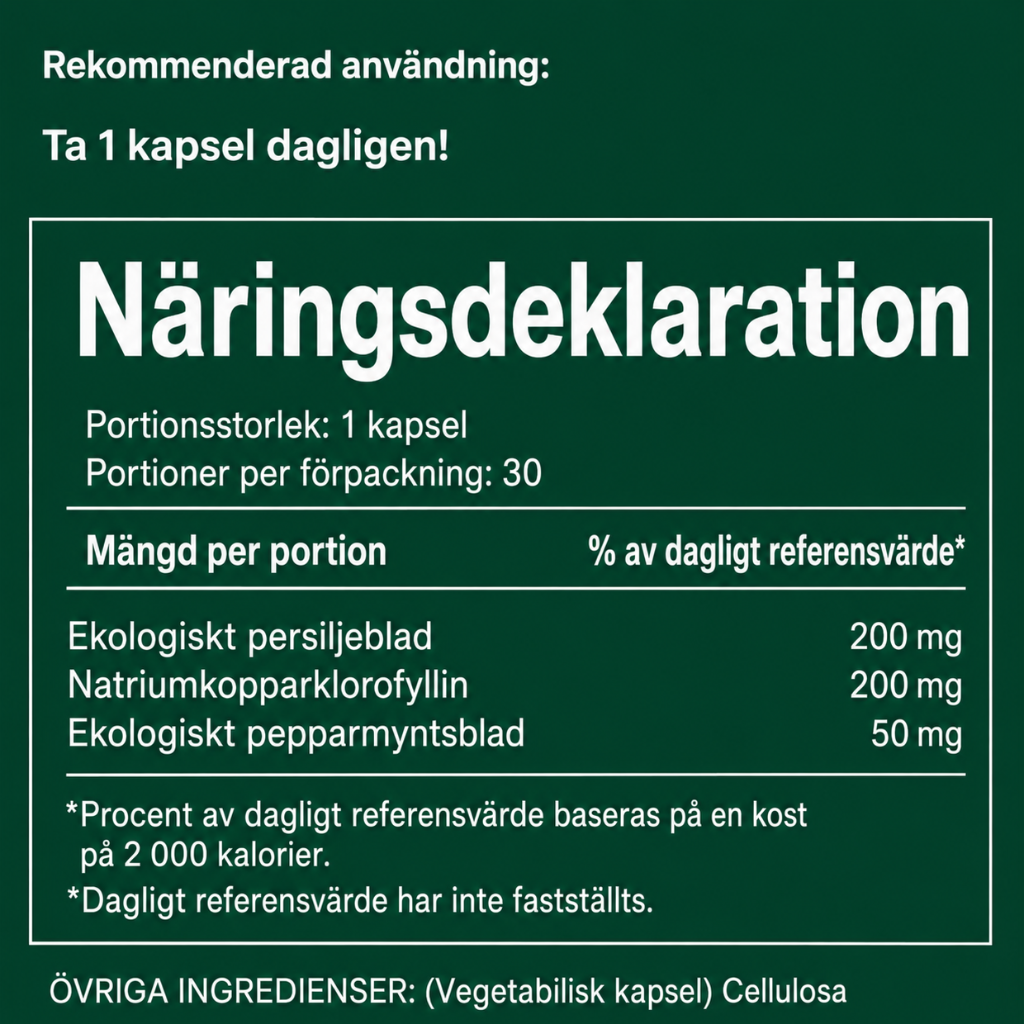 Naturligt kosttillskott för frisk andedräkt och kontroll av kroppslukt