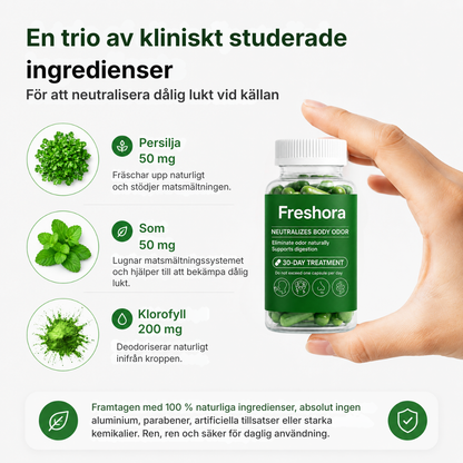 Naturligt kosttillskott för frisk andedräkt och kontroll av kroppslukt